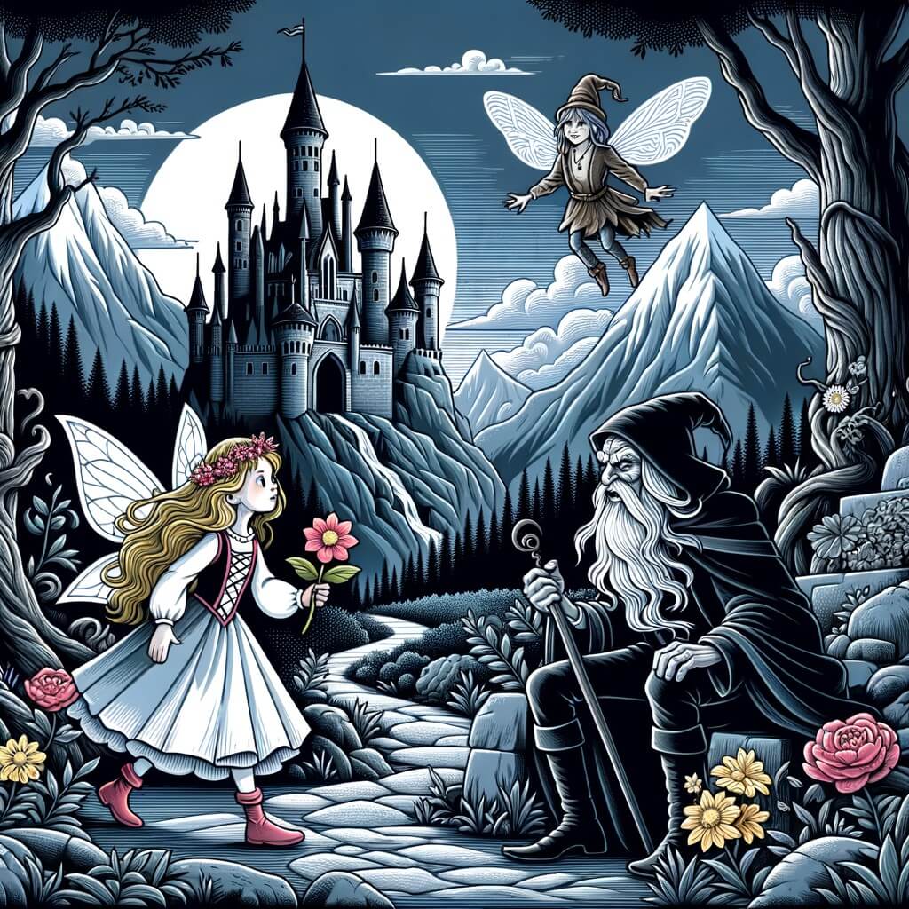 Une illustration destinée aux enfants représentant une princesse courageuse, accompagnée de sa fidèle fée des fleurs, affrontant un sombre sorcier dans un château lugubre, entouré de montagnes majestueuses et de forêts mystérieuses.