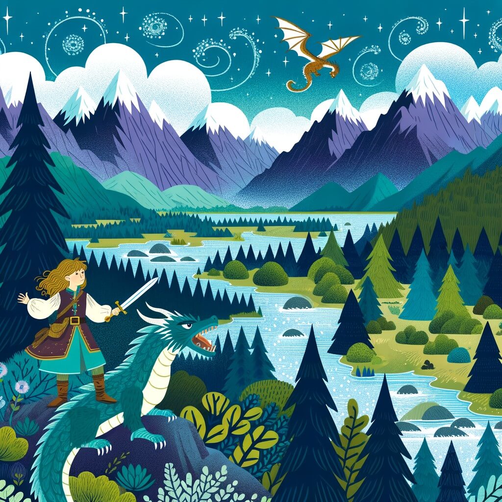 Une illustration destinée aux enfants représentant une princesse courageuse et déterminée, accompagnée d'un dragon blessé, qui se trouve dans un royaume enchanté entouré de montagnes majestueuses, de forêts verdoyantes et de rivières scintillantes.