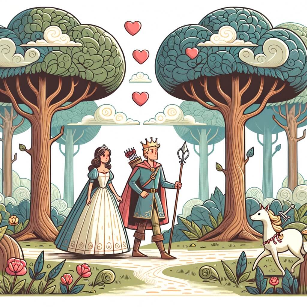 Une illustration destinée aux enfants représentant un prince courageux, en quête d'amour véritable, accompagné d'une princesse, dans une forêt interdite aux arbres majestueux touchant les nuages.