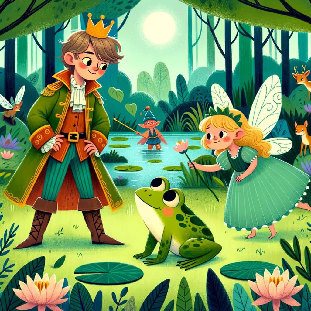 Une illustration destinée aux enfants représentant un prince courageux, transformé en grenouille, qui cherche l'amour véritable avec l'aide d'une fée, dans une forêt magique pleine de lily pads et de créatures enchantées.