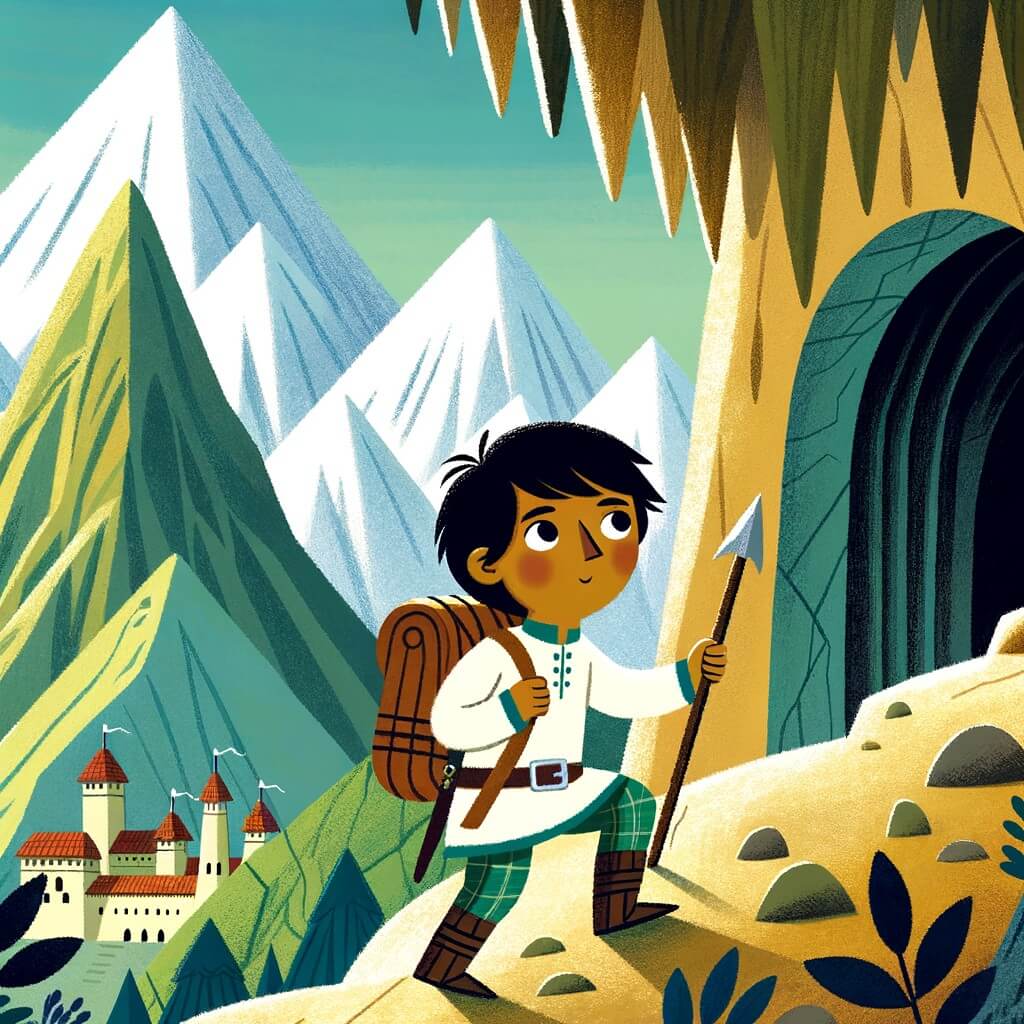 Une illustration pour enfants représentant un prince courageux se lançant dans une quête périlleuse à la recherche d'un trésor caché dans une grotte mystérieuse, située au sommet d'une montagne escarpée.