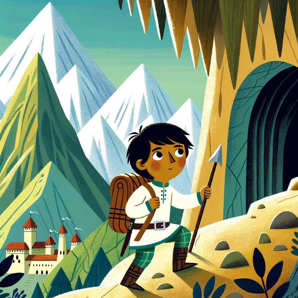 Une illustration pour enfants représentant un prince courageux se lançant dans une quête périlleuse à la recherche d'un trésor caché dans une grotte mystérieuse, située au sommet d'une montagne escarpée.
