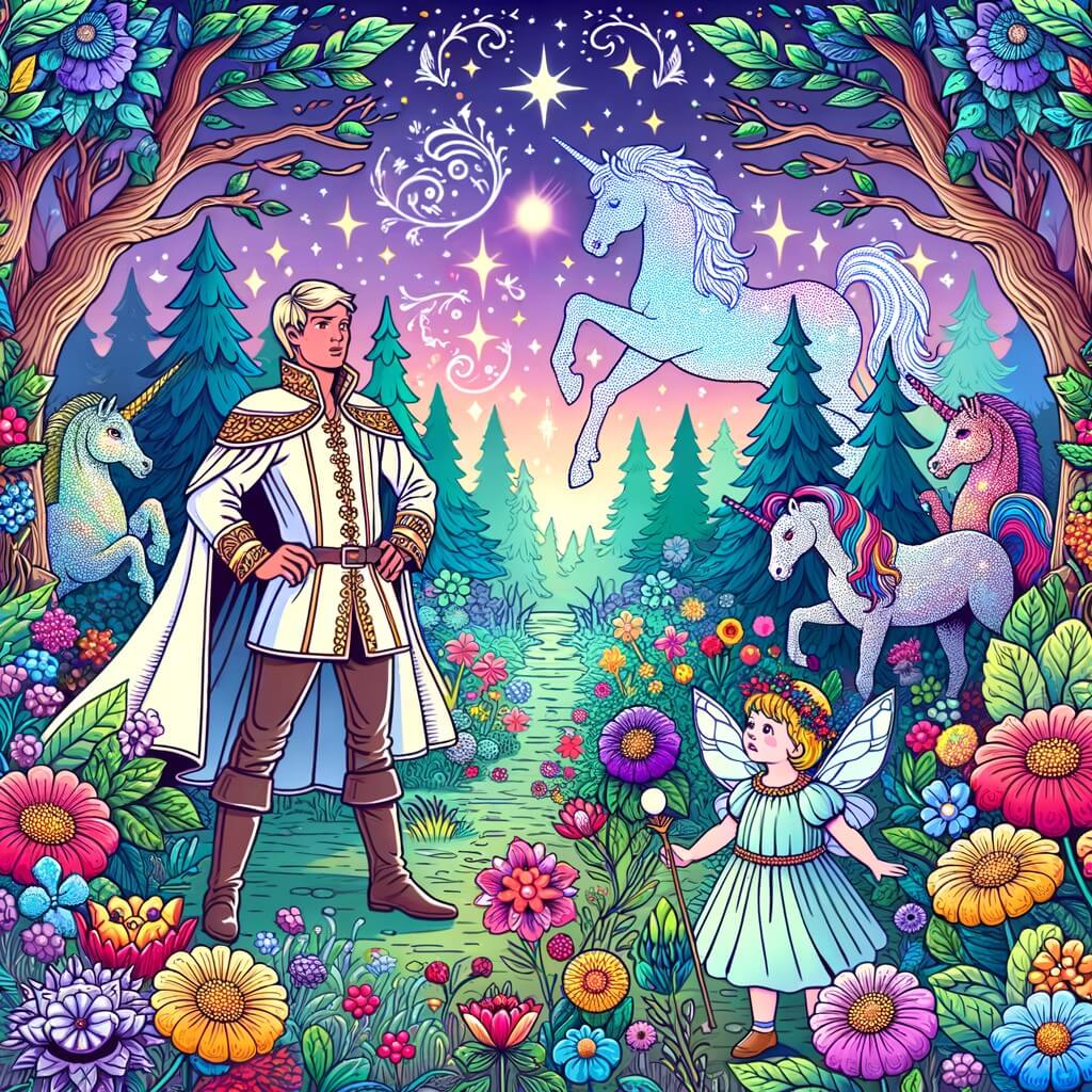 Une illustration destinée aux enfants représentant un prince charmant et courageux, se retrouvant face à une malédiction, accompagné d'une petite fée triste, dans une forêt enchantée pleine de fleurs multicolores, d'arbres majestueux et de licornes étincelantes.