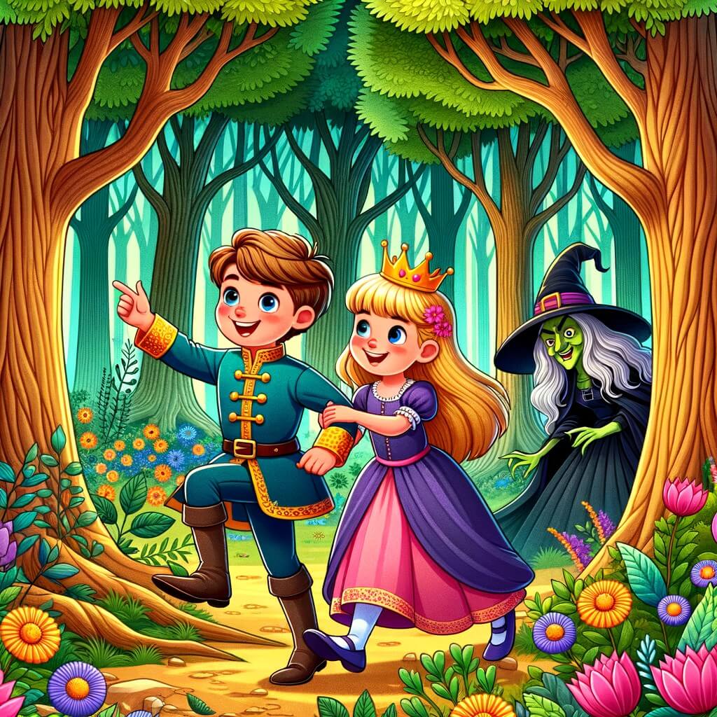 Une illustration destinée aux enfants représentant un jeune prince têtu, se retrouvant sous le charme d'un sortilège, accompagné d'une petite fille bienveillante, dans une forêt enchantée aux arbres majestueux et aux fleurs multicolores, où se cache une sorcière malicieuse.