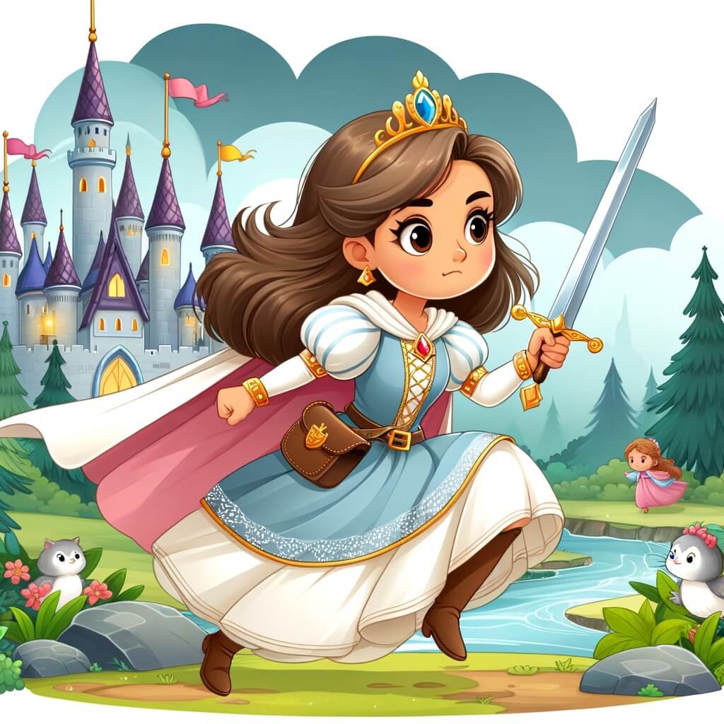 Une illustration pour enfants représentant une princesse courageuse et déterminée, se lançant dans une quête périlleuse pour sauver son royaume enchanté.