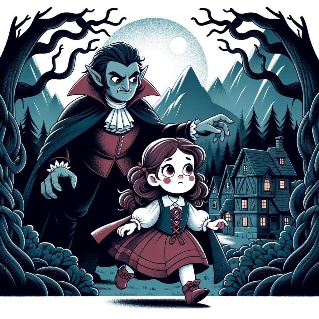 Une illustration pour enfants représentant une petite fille effrayée, perdue dans une forêt sombre et mystérieuse, peuplée de créatures surnaturelles.
