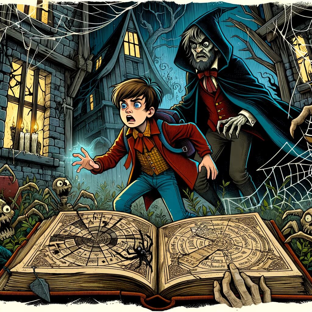 Une illustration destinée aux enfants représentant un petit garçon courageux, explorant une maison hantée avec l'aide d'un mystérieux gardien du livre de sorts, dans une forêt sombre et sinistre, remplie de toiles d'araignées et de fenêtres brisées.