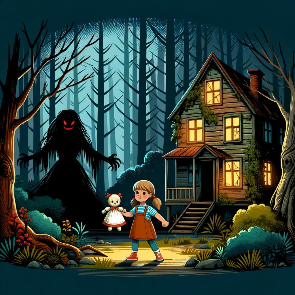 Une illustration destinée aux enfants représentant une petite fille courageuse, confrontée à une poupée maléfique, dans une vieille maison abandonnée envahie par les ombres sinistres, située au cœur d'une forêt mystérieuse.