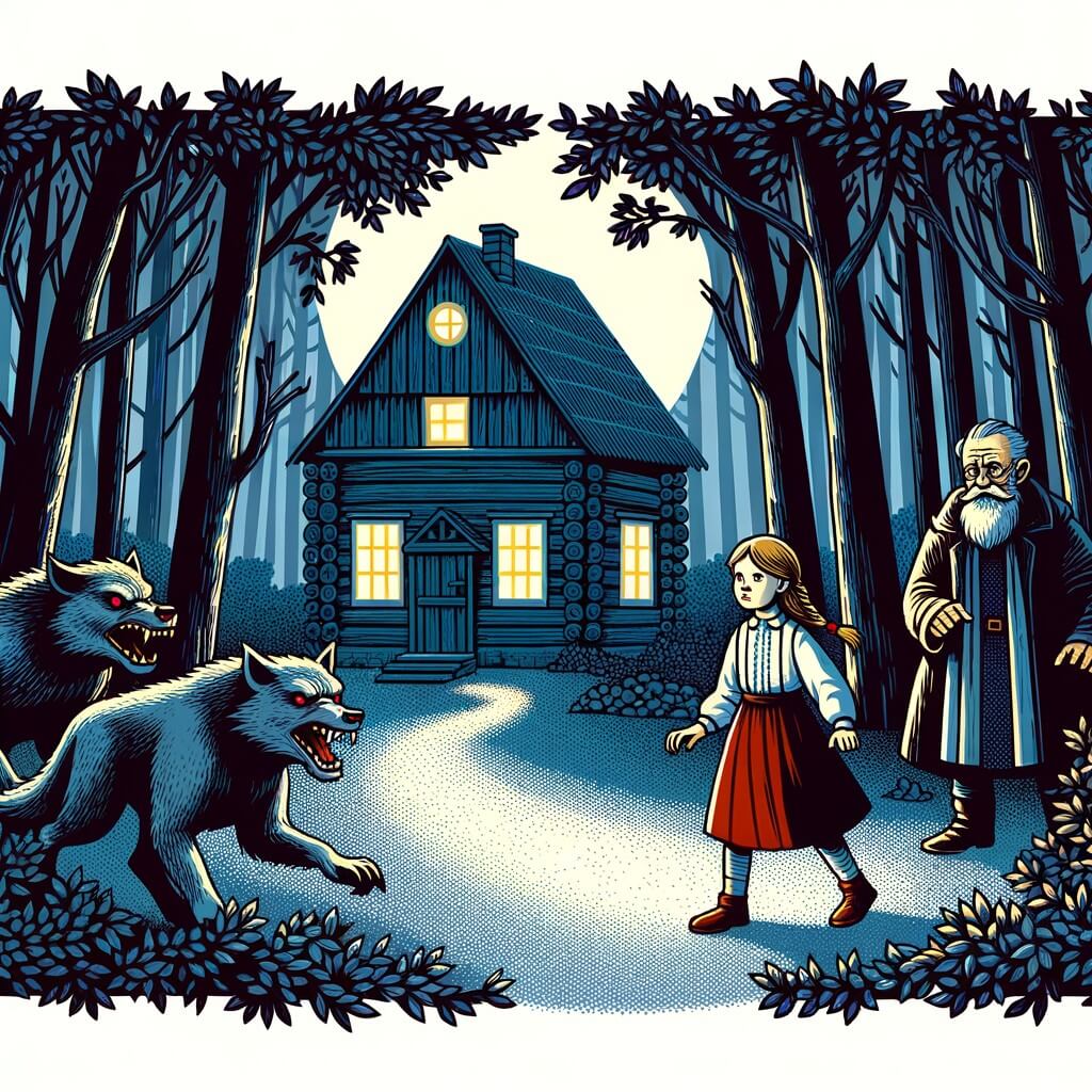 Une illustration destinée aux enfants représentant une petite fille courageuse, se retrouvant confrontée à des loups-garous effrayants, accompagnée d'un mystérieux vieil homme, dans une maison en bois au bord d'une forêt sombre et mystique.