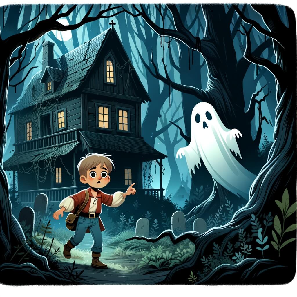 Une illustration destinée aux enfants représentant un petit garçon courageux, explorant une maison abandonnée hantée par un fantôme triste, au cœur d'une forêt sombre et mystérieuse, où les arbres semblent se pencher vers lui avec curiosité.