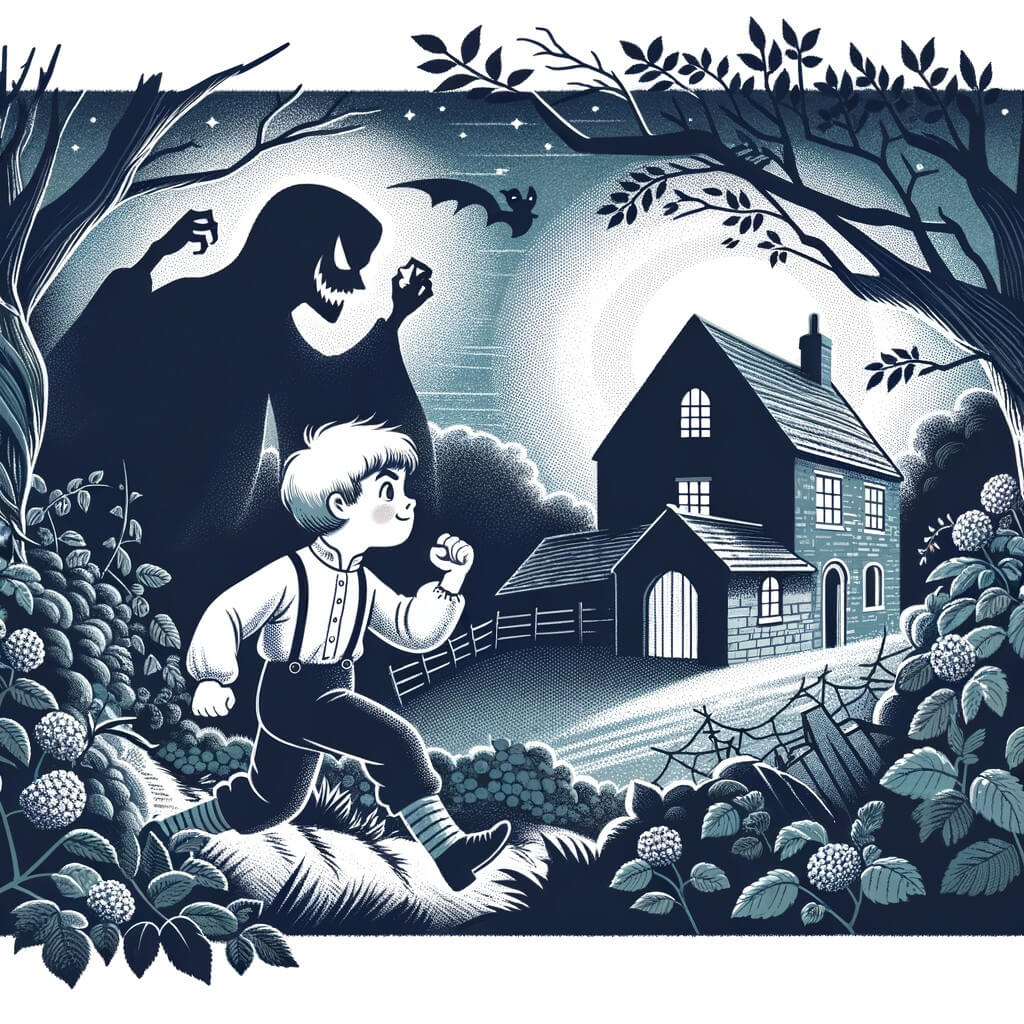 Une illustration destinée aux enfants représentant un petit garçon courageux, confronté à des bruits mystérieux dans une ancienne maison de campagne hantée, avec un esprit vengeur comme personnage secondaire, dans une atmosphère sombre et poussiéreuse avec des ombres dansantes sur les murs et une cave sinistre cachée derrière un buisson dense et envahi par les ronces.