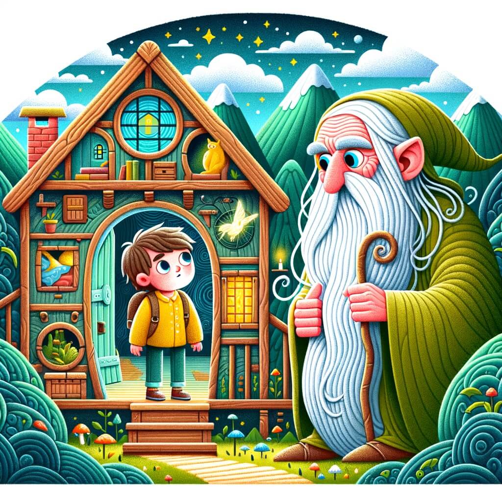 Une illustration pour enfants représentant un petit garçon curieux qui découvre une maison pleine de paradoxes au milieu d'une forêt mystérieuse.