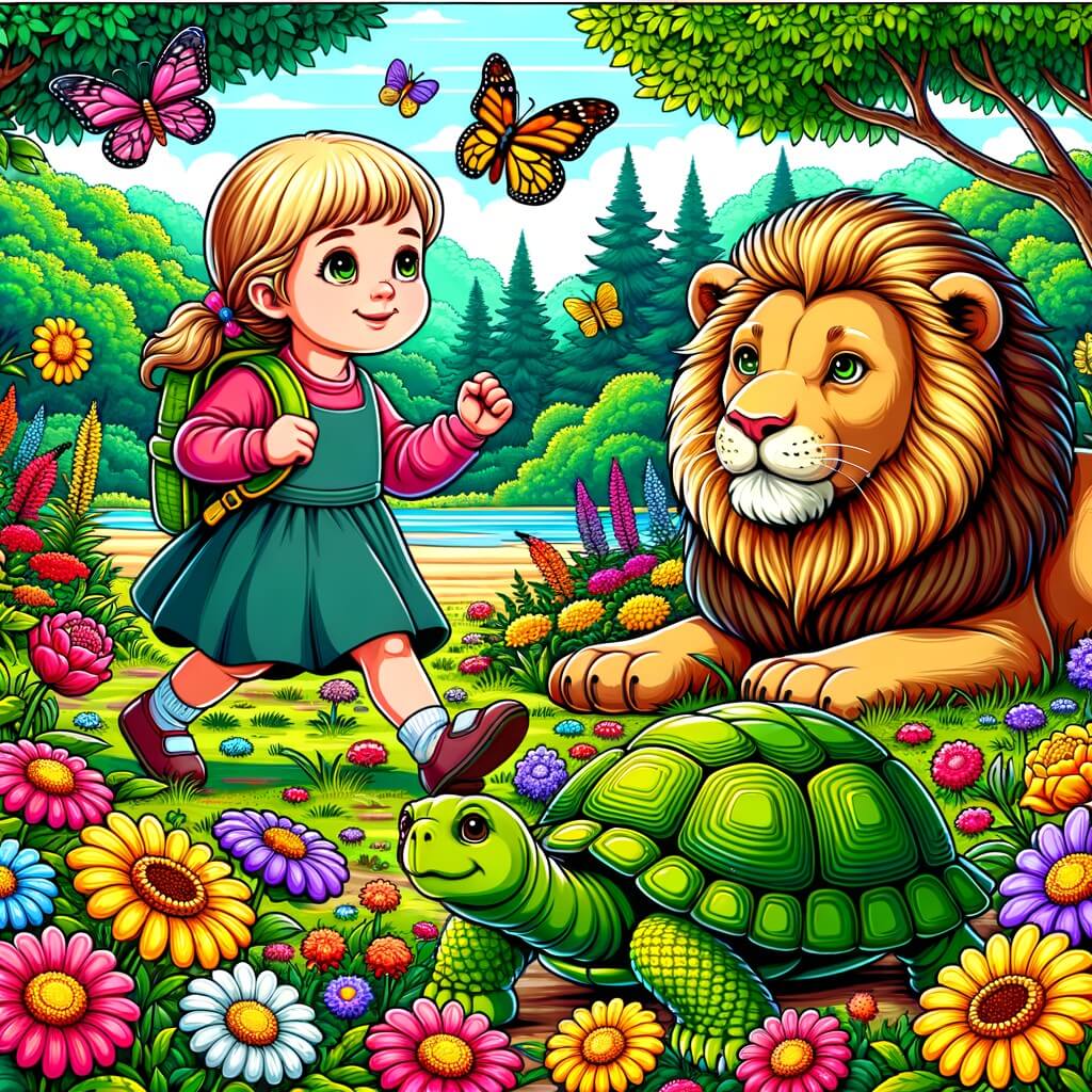 Une illustration pour enfants représentant une petite fille qui découvre la vie en observant les papillons dans un champ.