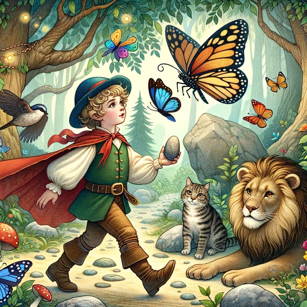 Une illustration destinée aux enfants représentant un jeune aventurier intrépide, se promenant dans une forêt enchantée, accompagné d'une pierre magique, à la rencontre de personnages allégoriques, tels qu'un papillon aux couleurs éclatantes, un chat noir sage et un lion majestueux, dans un monde où les arbres semblent plus grands, les feuilles plus vertes et les oiseaux chantent plus fort.