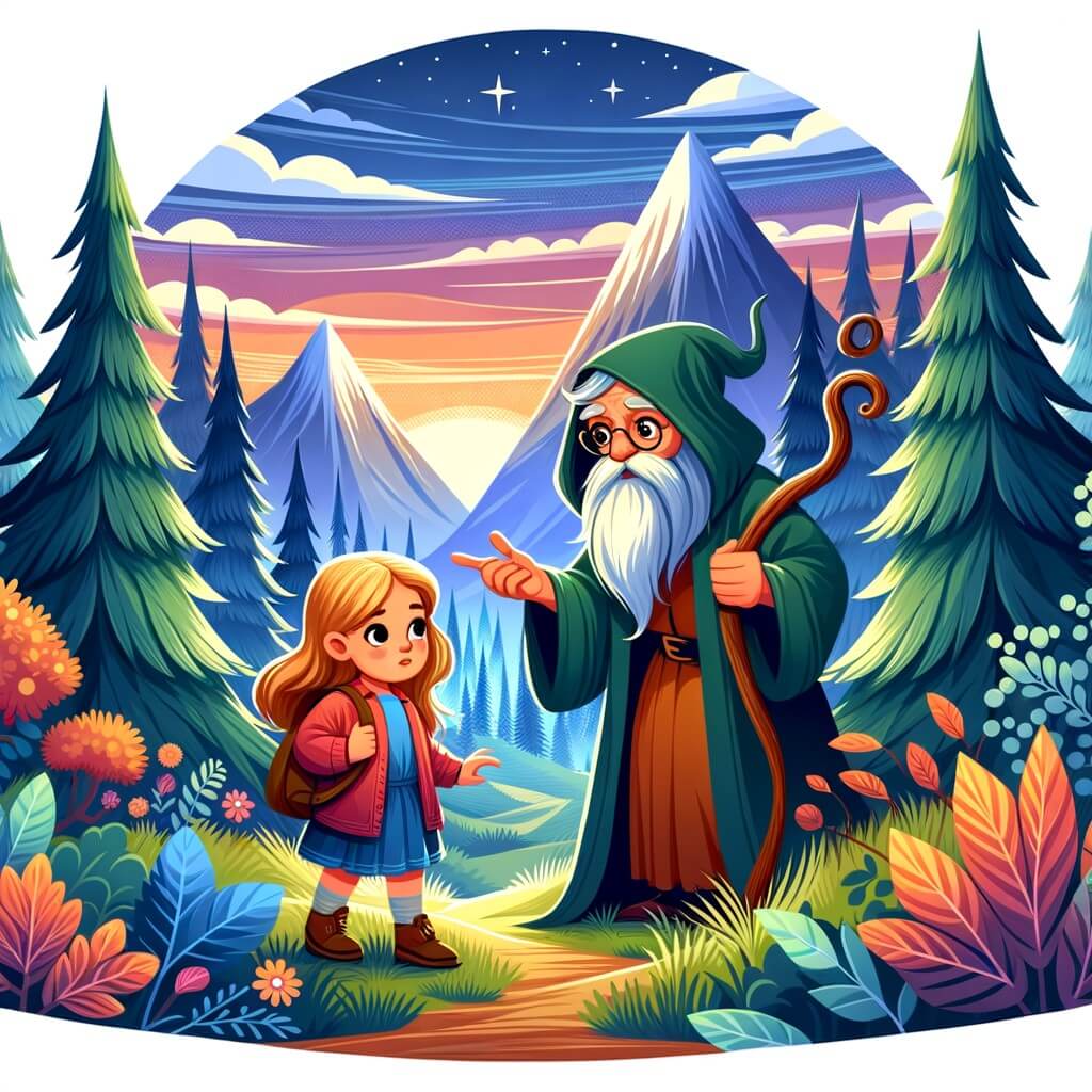 Une illustration destinée aux enfants représentant une petite fille curieuse se promenant dans une forêt enchantée, accompagnée d'un mystérieux conteur, au milieu de montagnes majestueuses et d'arbres touffus aux couleurs chatoyantes.
