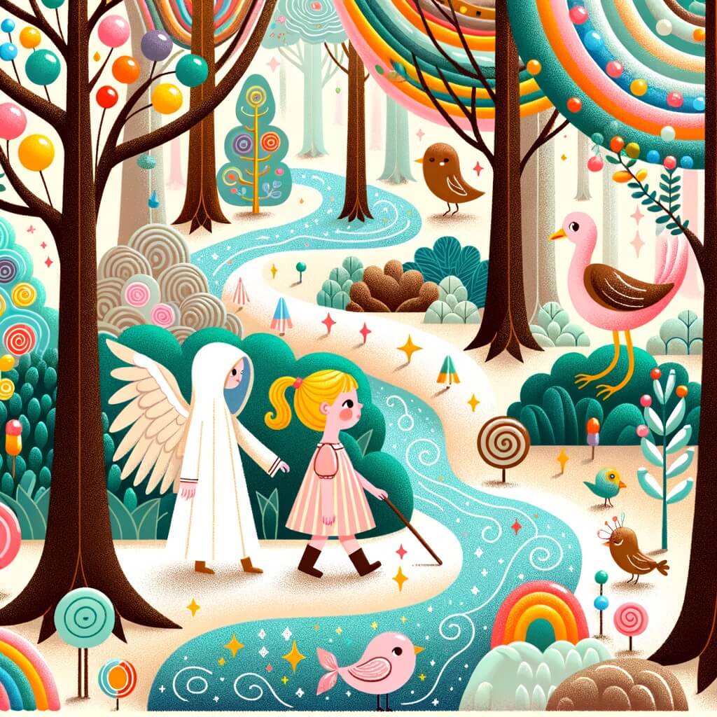 Une illustration pour enfants représentant une petite fille curieuse se promenant dans la forêt, rencontrant une créature étrange et explorant des mondes imaginaires pleins de paradoxes et de vérités cachées.