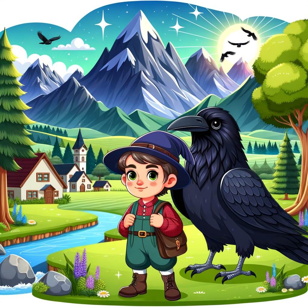 Une illustration pour enfants représentant un petit garçon curieux et rêveur, se lançant dans un voyage à travers les montagnes de la sagesse pour trouver la clé du savoir, dans un village paisible.