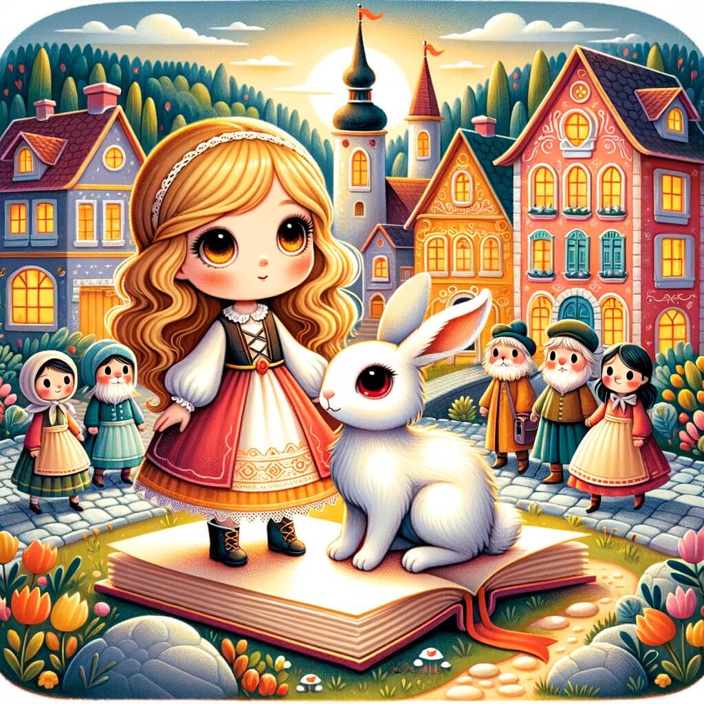 Une illustration pour enfants représentant une petite fille curieuse et rêveuse, se retrouvant plongée dans un livre magique qui la transporte dans un village enchanté où la magie des rêves règne en maître.