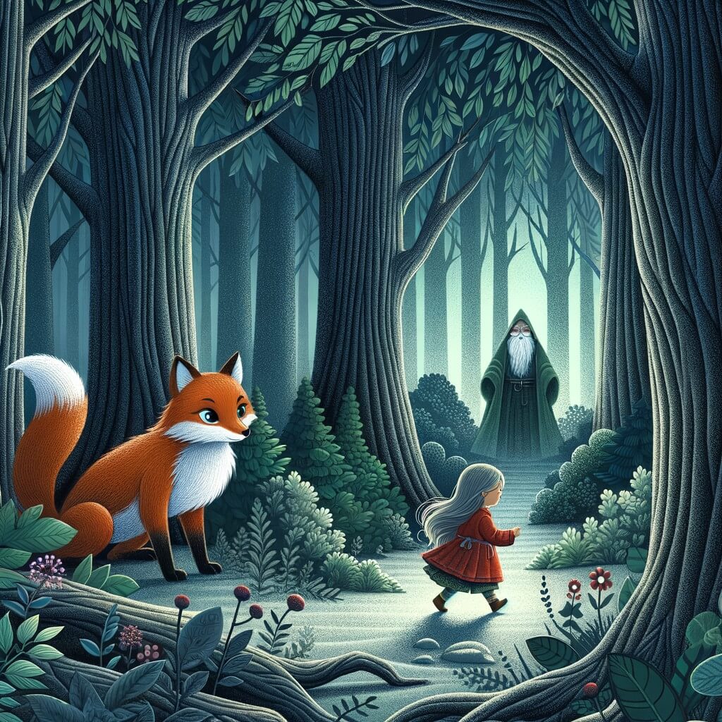 Une illustration destinée aux enfants représentant une petite fille perdue dans une forêt sombre et mystérieuse, accompagnée d'un renard sage, dans un décor luxuriant où les arbres majestueux se dressent fièrement, cachant des secrets et des merveilles.