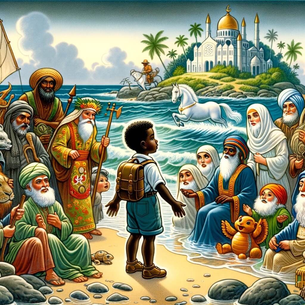 Une illustration pour enfants représentant un jeune aventurier curieux découvrant une île mystérieuse pleine de personnages allégoriques, située au bord de la mer.