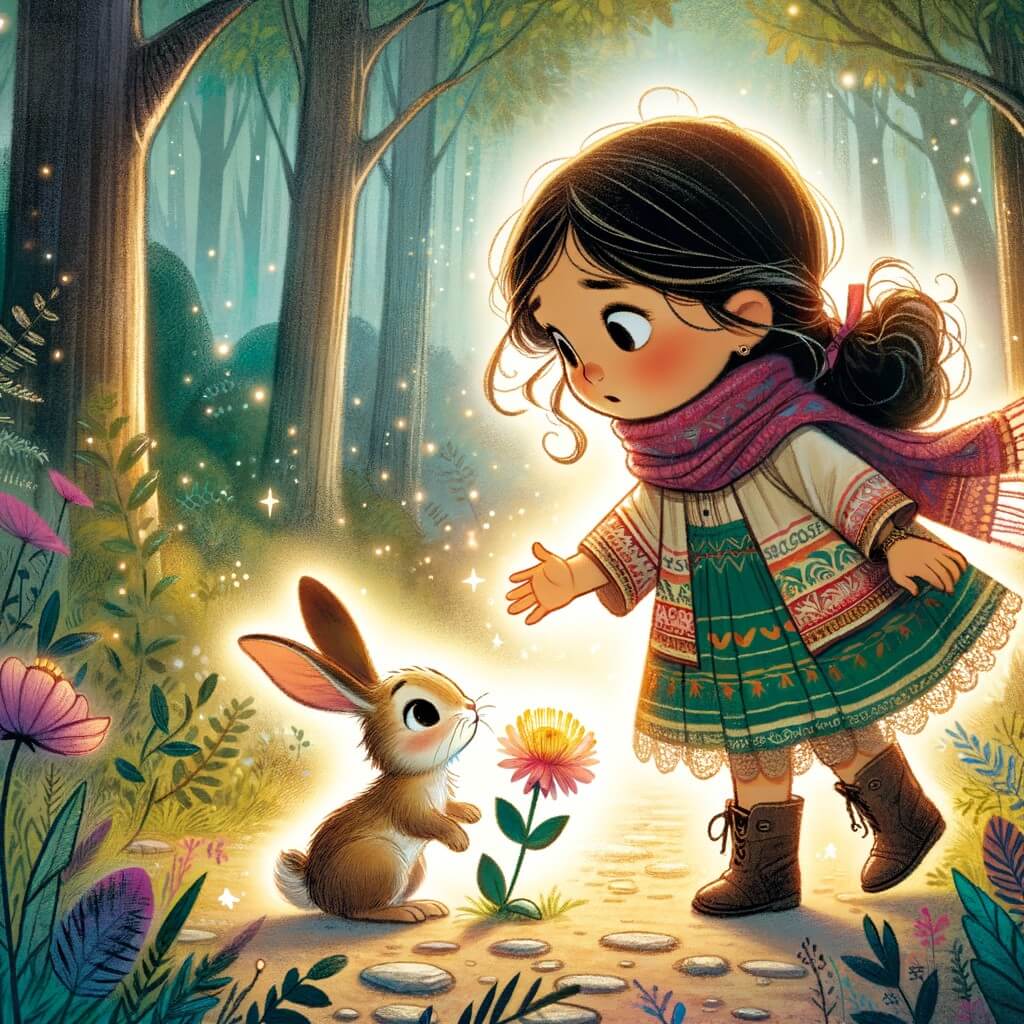 Une illustration pour enfants représentant une petite fille curieuse, se promenant dans une forêt enchantée où elle rencontre un lapin perdu et une fleur solitaire, découvrant ainsi les trésors de l'amitié et de l'espoir.
