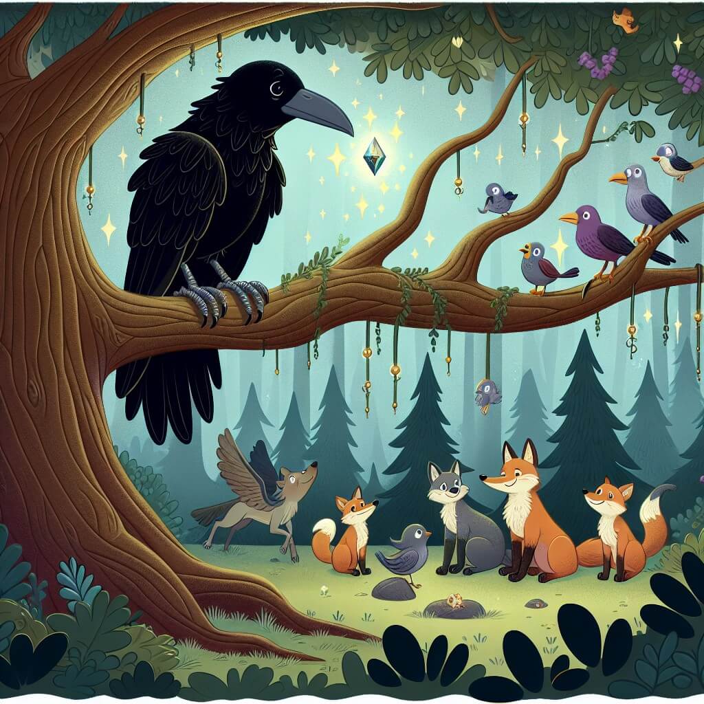 Une illustration destinée aux enfants représentant un corbeau solitaire, perché sur une branche d'un majestueux chêne dans une forêt enchantée, observant tristement les autres animaux s'amuser ensemble, jusqu'à ce qu'il découvre un joyau magique qui changera sa vie à jamais.