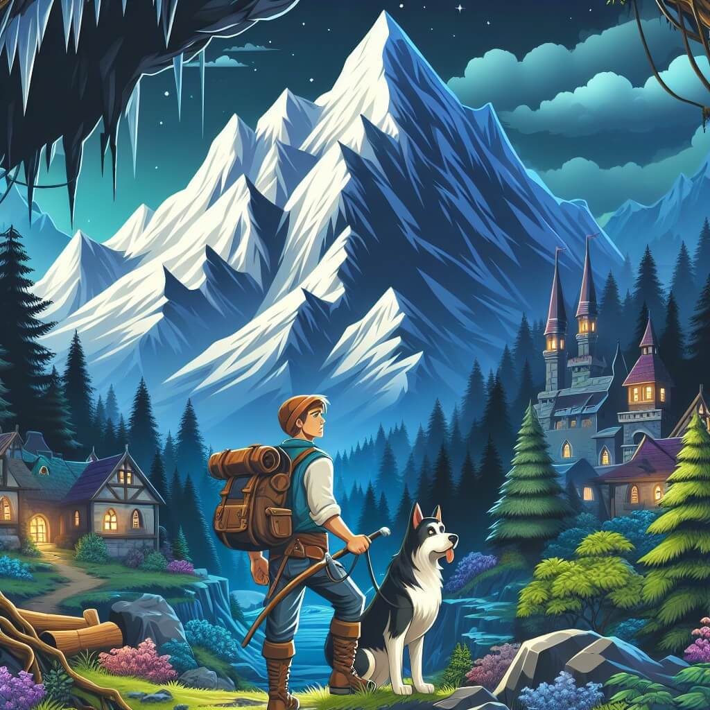 Une illustration destinée aux enfants représentant un jeune homme intrépide se tenant devant une imposante montagne enneigée, accompagné de son fidèle chien, explorant une sombre caverne remplie de mystères dans un village médiéval-fantastique entouré d'une forêt enchantée.