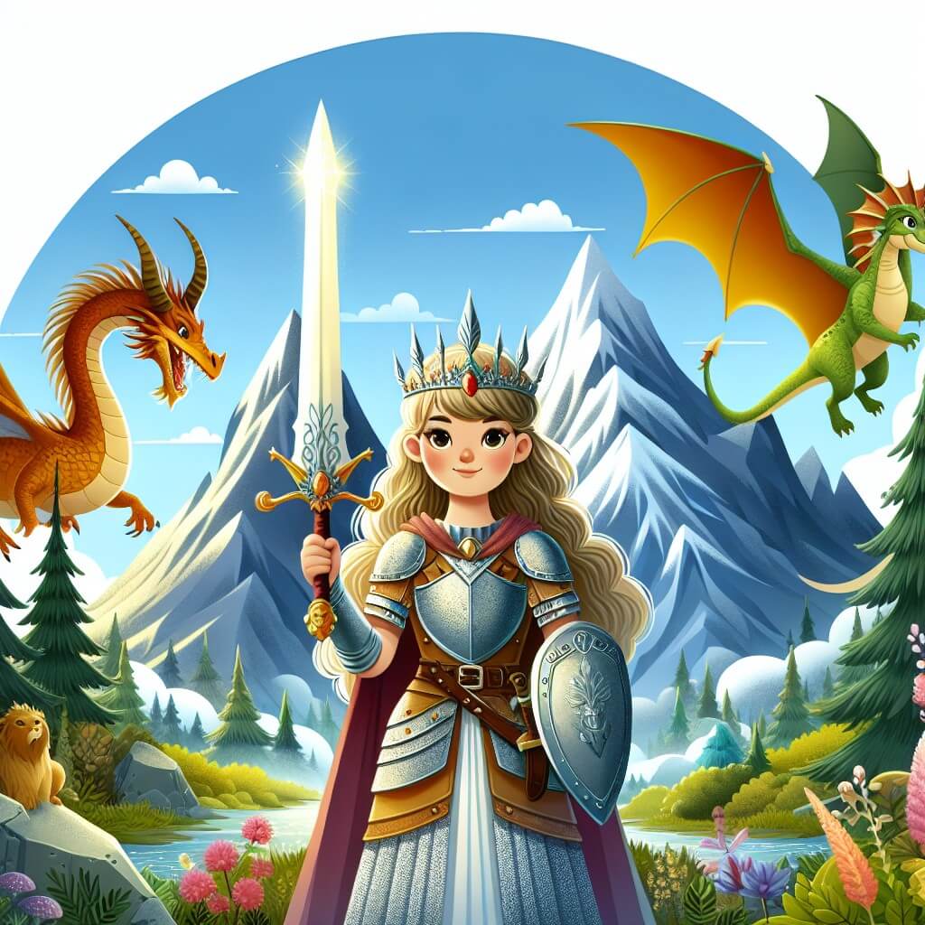 Une illustration destinée aux enfants représentant une jeune femme intrépide, vêtue d'une armure étincelante, tenant une épée brillante, accompagnée d'un dragon majestueux, dans un monde fantastique où des montagnes escarpées s'élèvent au-dessus d'une forêt enchantée remplie de créatures magiques.