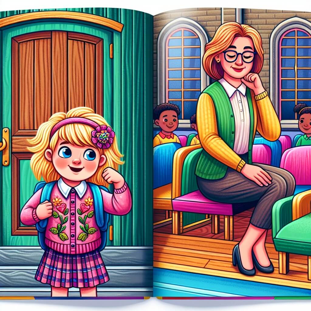 Une illustration destinée aux enfants représentant une petite fille aux cheveux blonds, pleine de courage, qui surmonte ses peurs et découvre sa confiance en elle lors de son premier jour d'école, accompagnée d'une maman aimante, dans une école colorée avec une grande porte en bois et des chaises colorées en cercle.