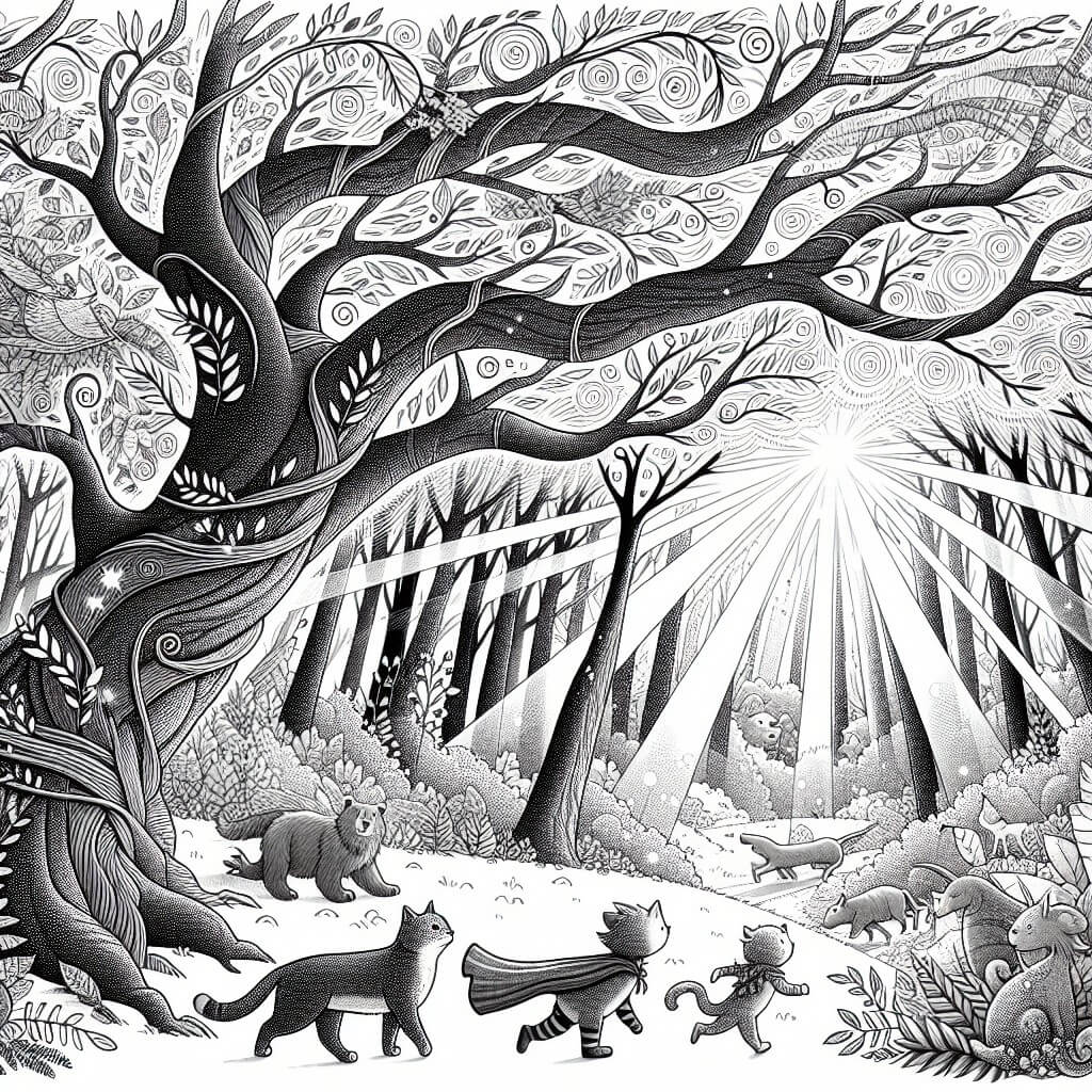 Une illustration destinée aux enfants représentant un chat curieux et aventurier, accompagné d'un groupe d'animaux, dans une forêt enchantée où les arbres majestueux se dressent vers le ciel, leurs branches dansant avec grâce au rythme du vent, et les rayons du soleil se faufilant à travers le feuillage, créant un jeu de lumière magique.