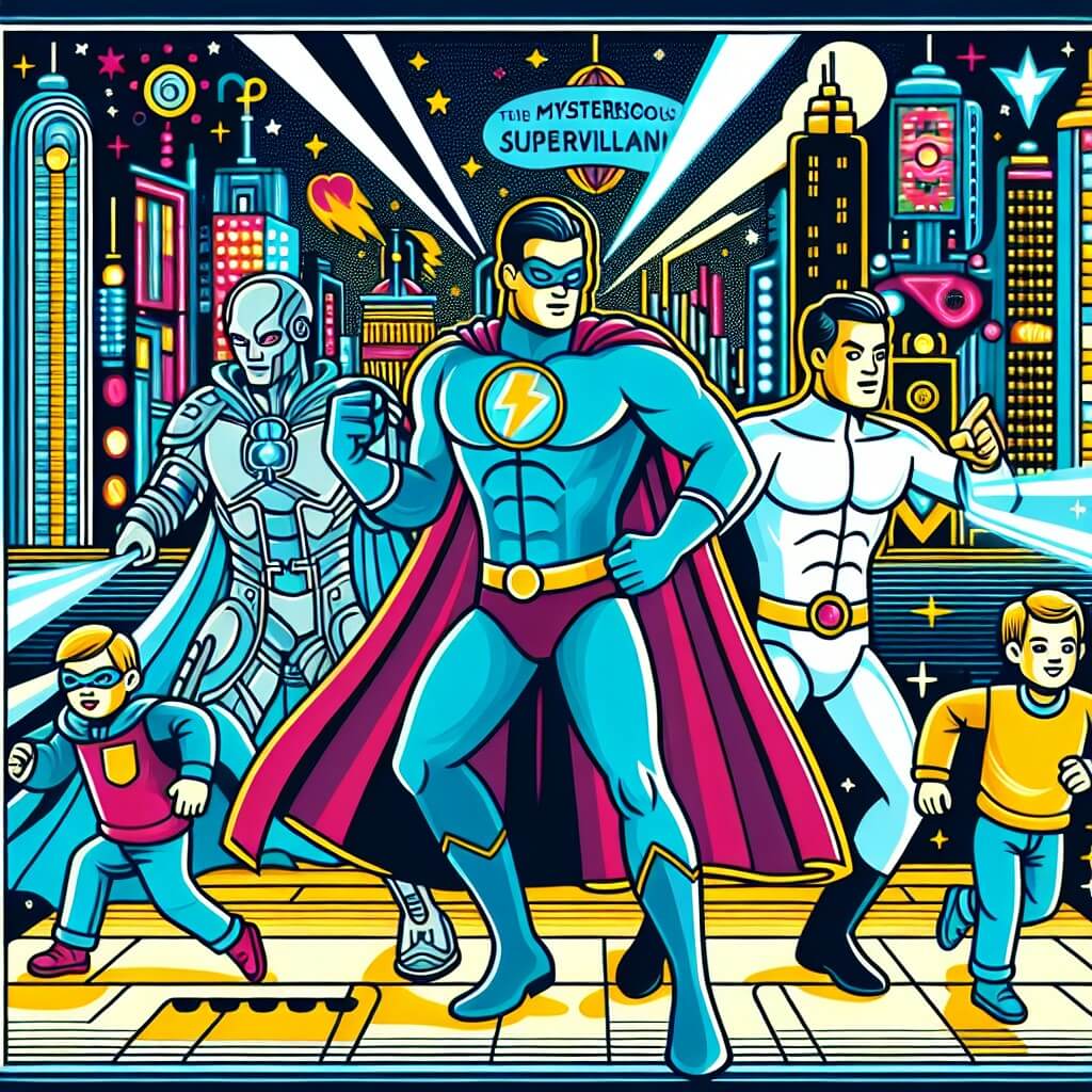 Une illustration destinée aux enfants représentant un homme doté de super-pouvoirs, affrontant un mystérieux super-vilain, accompagné de son fidèle ami, dans une ville futuriste étincelante de néons et de gratte-ciels imposants.