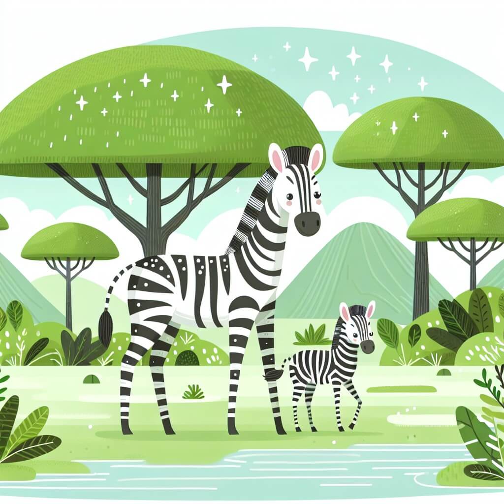 Une illustration destinée aux enfants représentant une majestueuse créature aux longues jambes et au pelage tacheté, accompagnée d'un jeune zèbre, dans une savane verdoyante parsemée d'immenses arbres et de rivières scintillantes.
