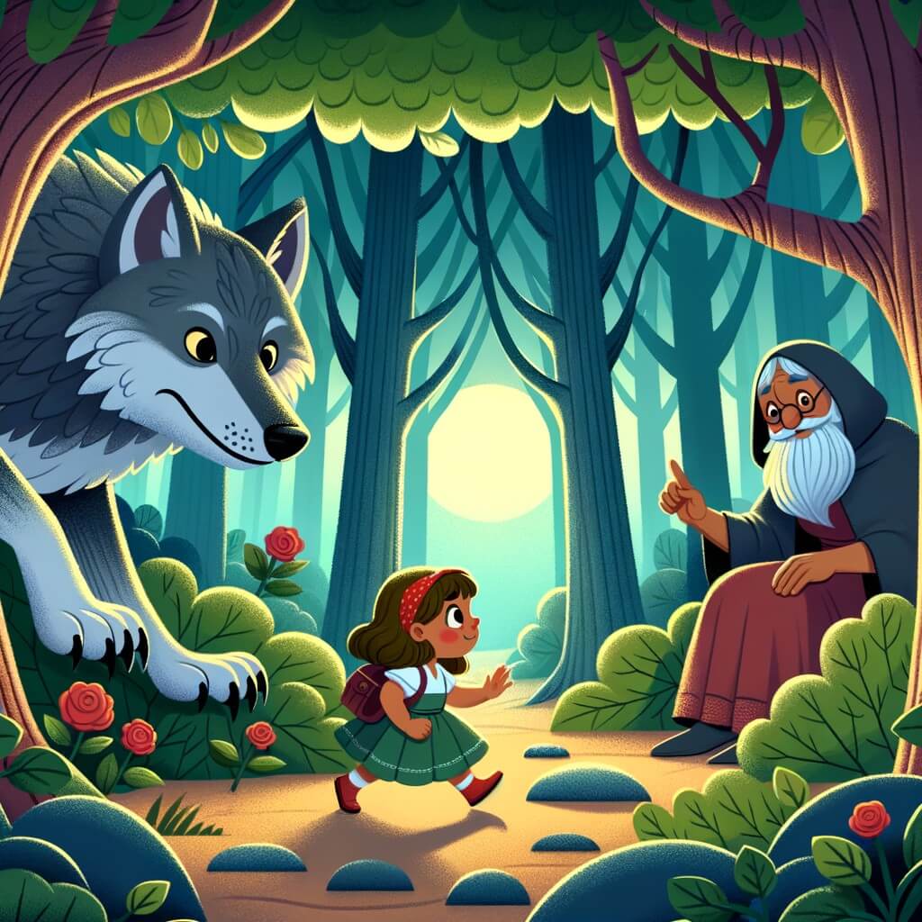 Une illustration destinée aux enfants représentant une petite fille courageuse, une forêt mystérieuse où se cache un grand méchant loup, et un sage qui lui donne des conseils.