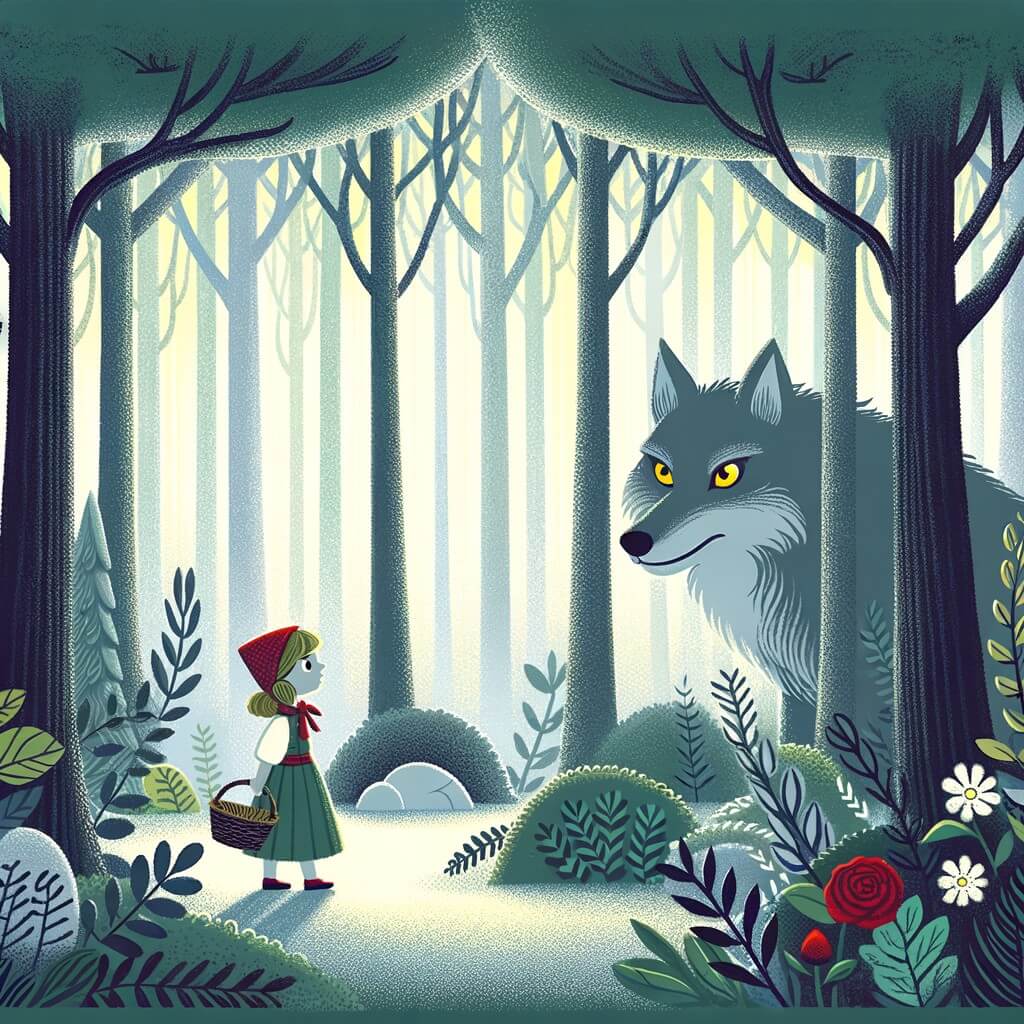 Une illustration destinée aux enfants représentant une petite fille courageuse, se tenant debout avec son panier à la main, faisant face à un grand méchant loup aux yeux jaunes, dans une forêt mystérieuse et dense, avec des arbres majestueux et une lumière douce filtrant à travers les feuilles.