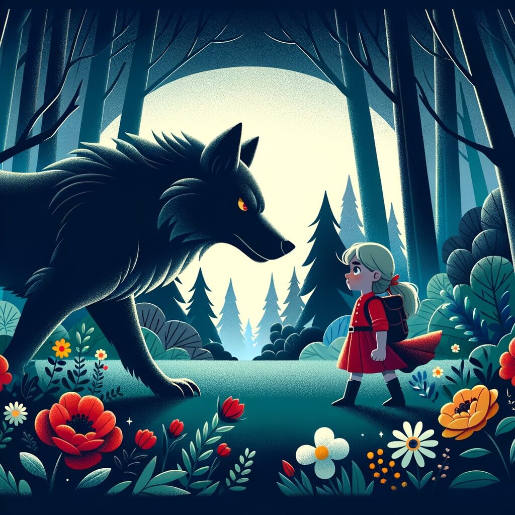 Une illustration destinée aux enfants représentant une petite fille courageuse, se tenant face à un grand méchant loup, dans une sombre forêt remplie d'arbres majestueux et de fleurs colorées.