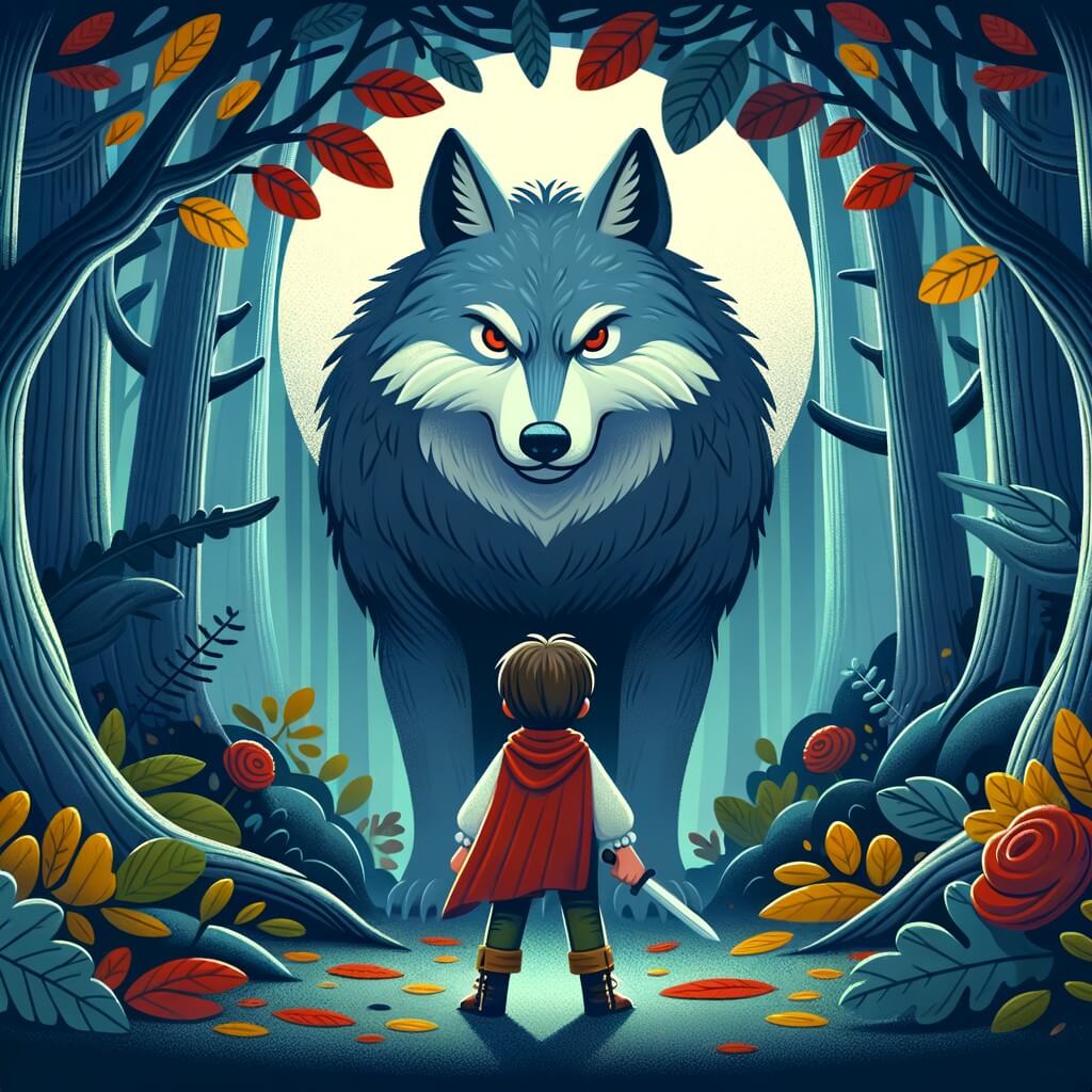 Une illustration destinée aux enfants représentant un petit garçon courageux, se tenant face à un grand méchant loup, dans une forêt sombre et mystérieuse remplie d'arbres majestueux et de feuilles colorées.