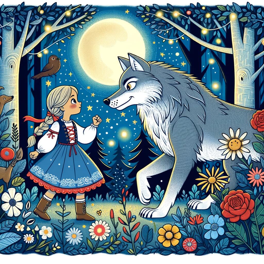 Une illustration destinée aux enfants représentant une petite fille courageuse se tenant face à un grand méchant loup, dans une forêt enchantée où les fleurs dansent et les animaux chantent.