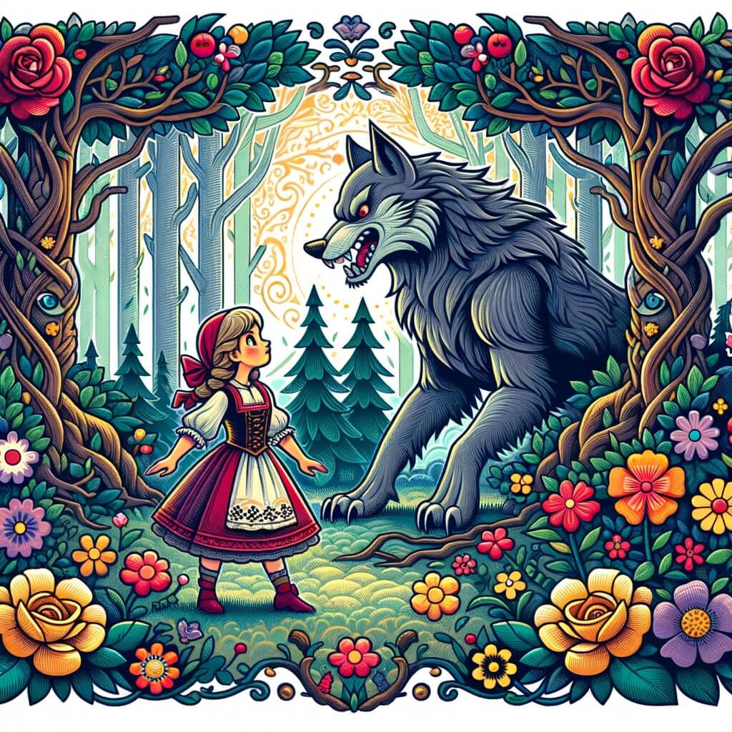 Une illustration destinée aux enfants représentant une petite fille courageuse se tenant face à un grand méchant loup, dans une forêt enchantée aux arbres majestueux et aux fleurs multicolores.