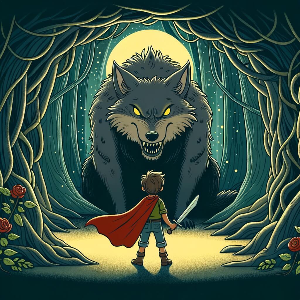 Une illustration destinée aux enfants représentant un petit garçon courageux et curieux, se tenant face à un grand méchant loup dans une sombre et mystérieuse grotte au cœur d'une dense forêt.