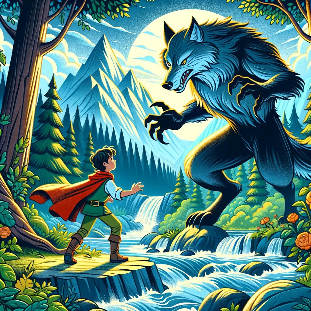 Une illustration destinée aux enfants représentant un jeune aventurier intrépide, face à un grand méchant loup, au cœur d'une forêt sombre et mystérieuse, entourée de montagnes majestueuses et de rivières tumultueuses.