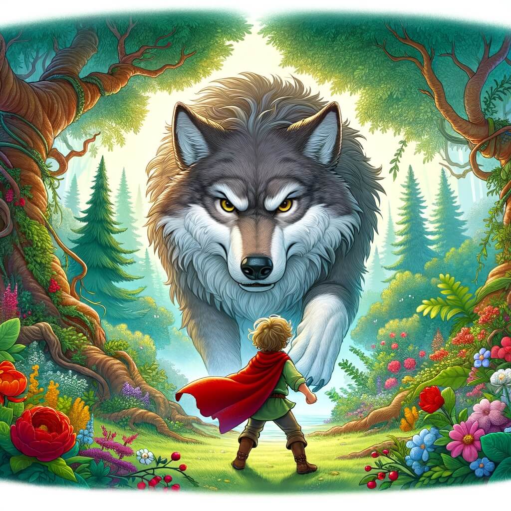 Une illustration destinée aux enfants représentant un petit garçon courageux se tenant face à un grand méchant loup, entourés d'une forêt enchantée aux arbres majestueux et aux fleurs multicolores.