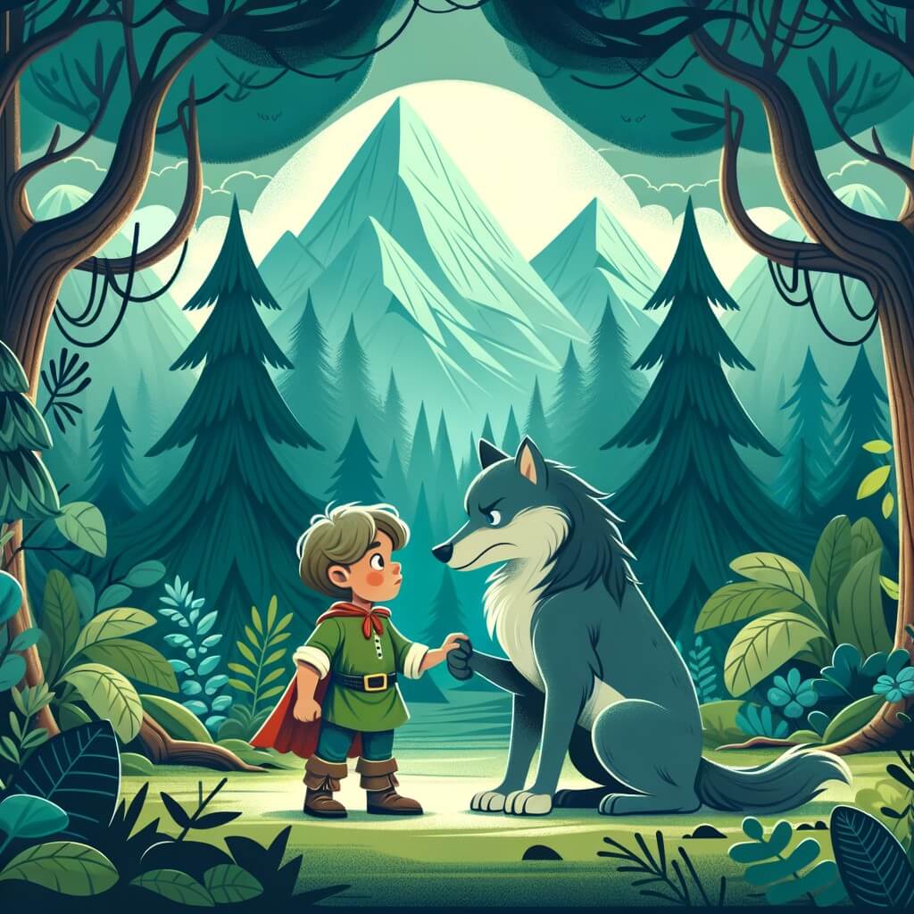 Une illustration destinée aux enfants représentant un petit garçon courageux et curieux, faisant face à un grand méchant loup dans une forêt dense et mystérieuse, avec des arbres majestueux et des montagnes en arrière-plan.