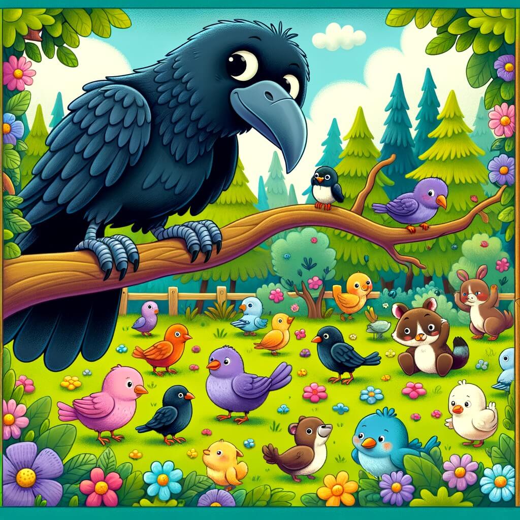 Une illustration destinée aux enfants représentant un corbeau espiègle, perché sur une branche, observant avec curiosité les autres animaux qui jouent dans une volière colorée remplie de fleurs et d'arbres luxuriants.