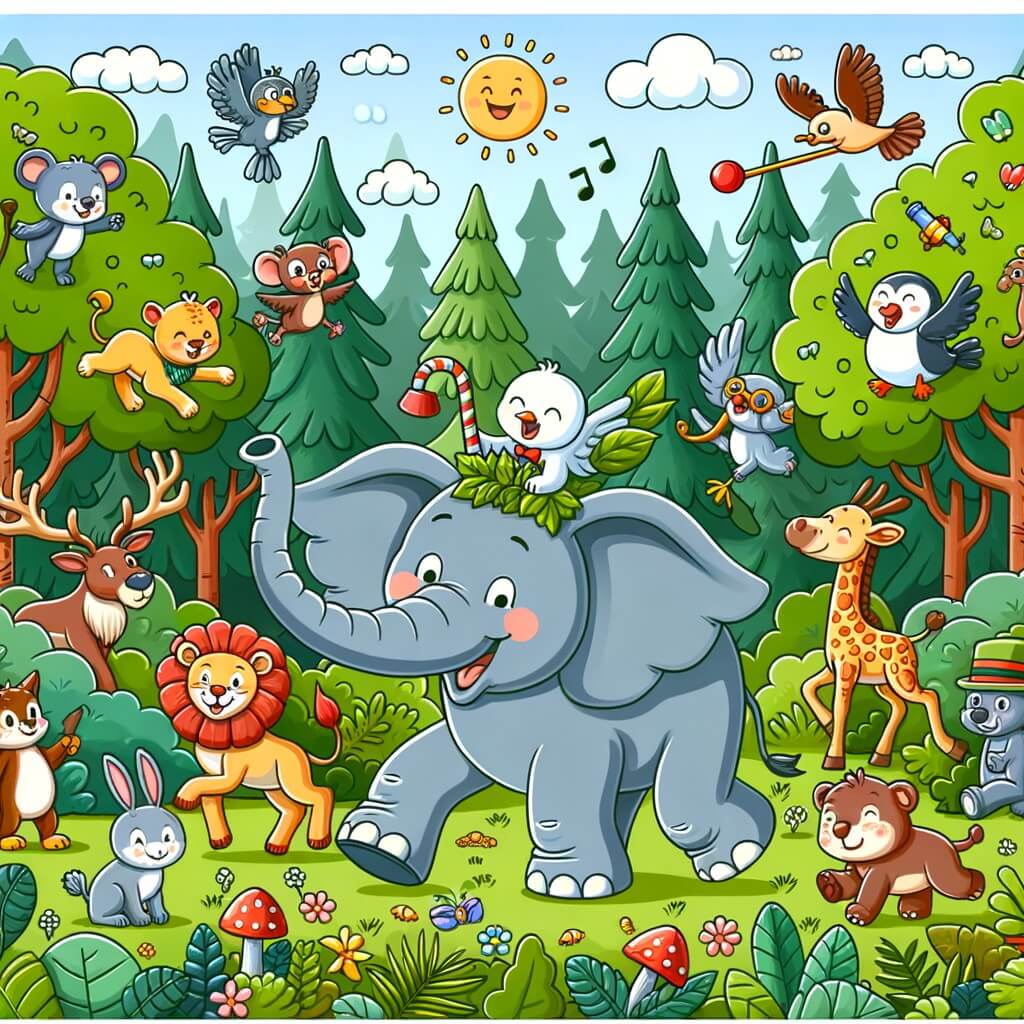 Une illustration destinée aux enfants représentant un éléphant farceur se trouvant dans une forêt luxuriante, accompagné d'une joyeuse bande d'animaux, où des aventures amusantes et des blagues se déroulent.