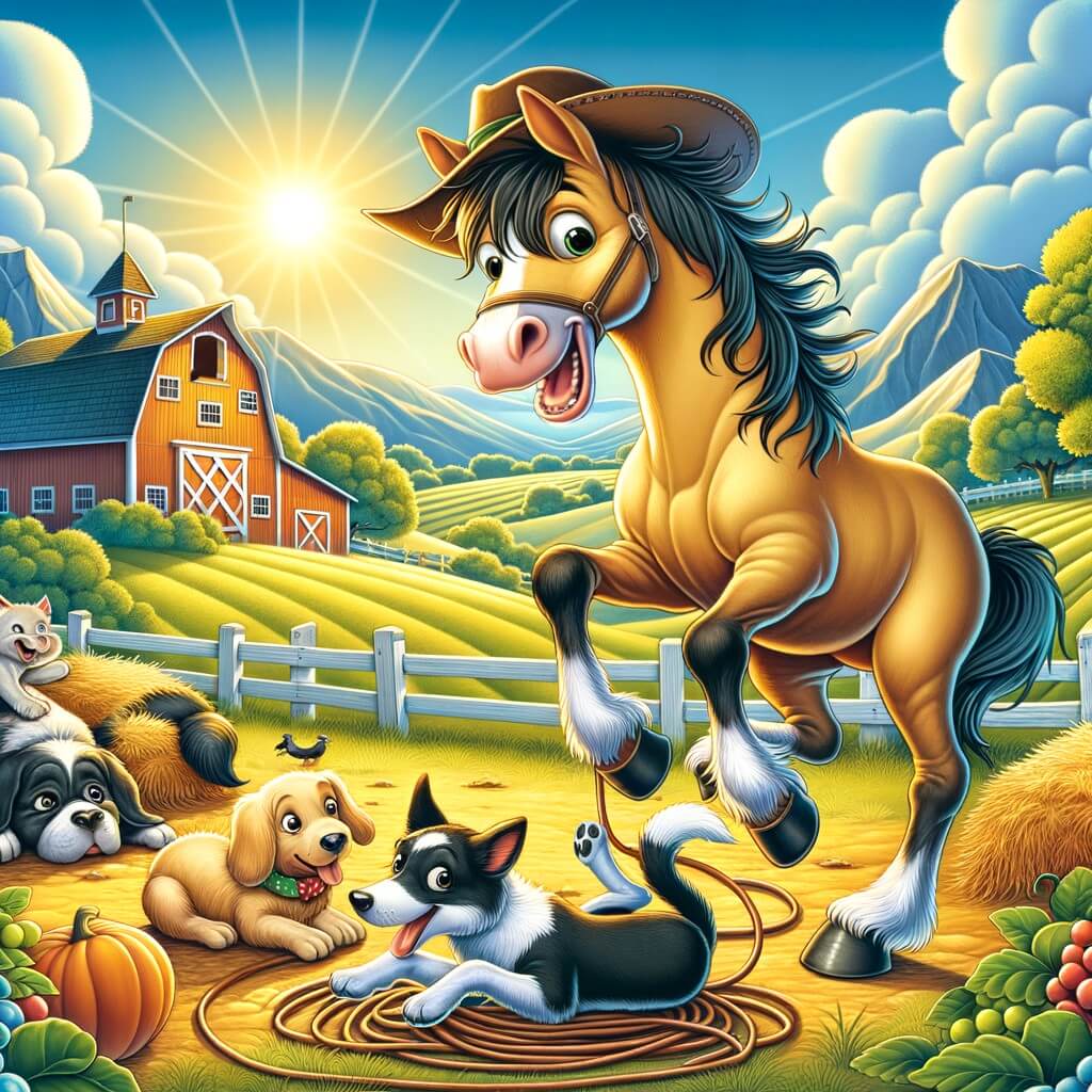 Une illustration destinée aux enfants représentant un cheval espiègle, jouant des tours amusants à d'autres animaux de la ferme, avec un chien peureux, un chat rusé et les magnifiques paysages d'une ferme ensoleillée avec une grange en arrière-plan.