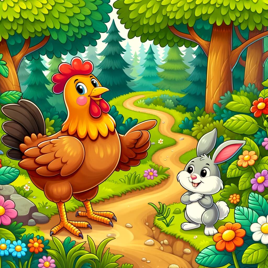 Une illustration destinée aux enfants représentant une joyeuse poule aventurière se tenant fièrement sur un sentier sinueux, accompagnée d'un lapin malin, dans une forêt luxuriante avec des arbres aux feuilles colorées et des fleurs éclatantes.