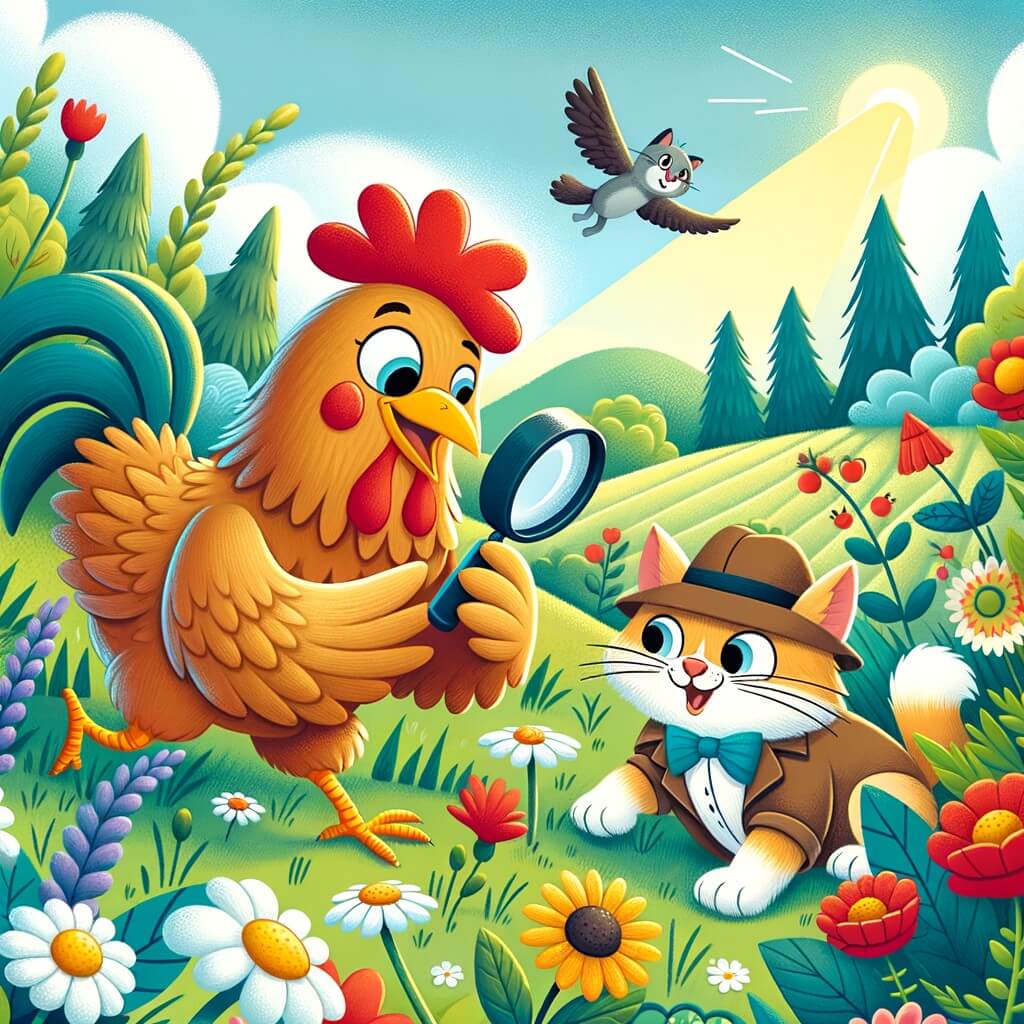 Une illustration destinée aux enfants représentant une joyeuse poule qui mène une enquête palpitante avec l'aide d'un chat dans une prairie verdoyante entourée de fleurs colorées.