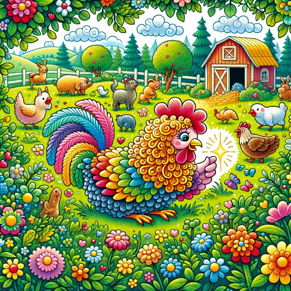 Une illustration pour enfants représentant une poule colorée et frisée vivant des aventures amusantes avec d'autres animaux dans une ferme enchantée.