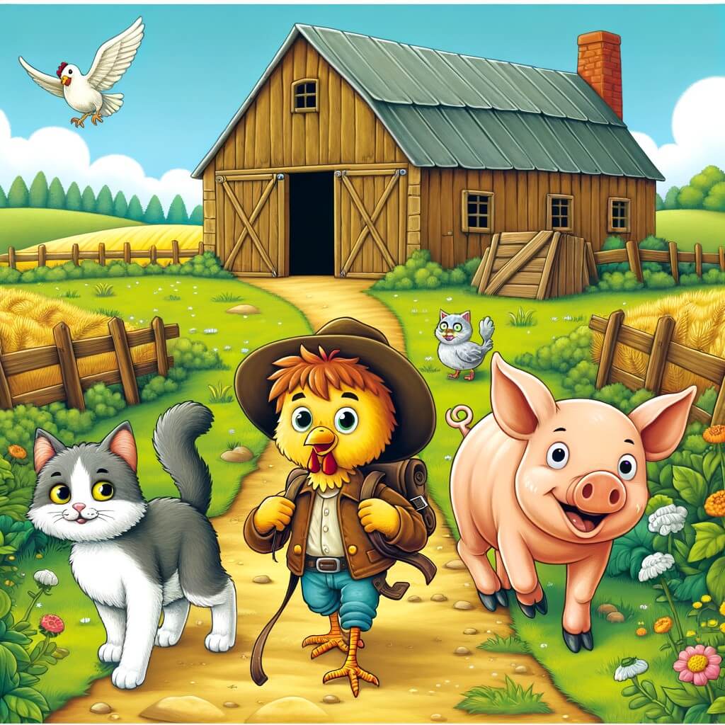 Une illustration destinée aux enfants représentant une poule pleine d'audace qui part à l'aventure, accompagnée d'un chat malicieux et d'un cochon joyeux, dans une ferme pittoresque entourée de vastes champs verdoyants et d'une vieille grange mystérieuse.