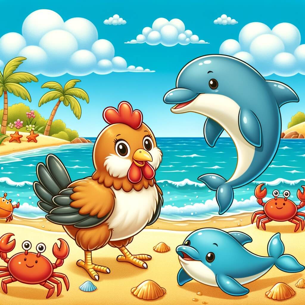Une illustration pour enfants représentant une poule curieuse qui découvre une plage paradisiaque et rencontre des amis animaux amusants.